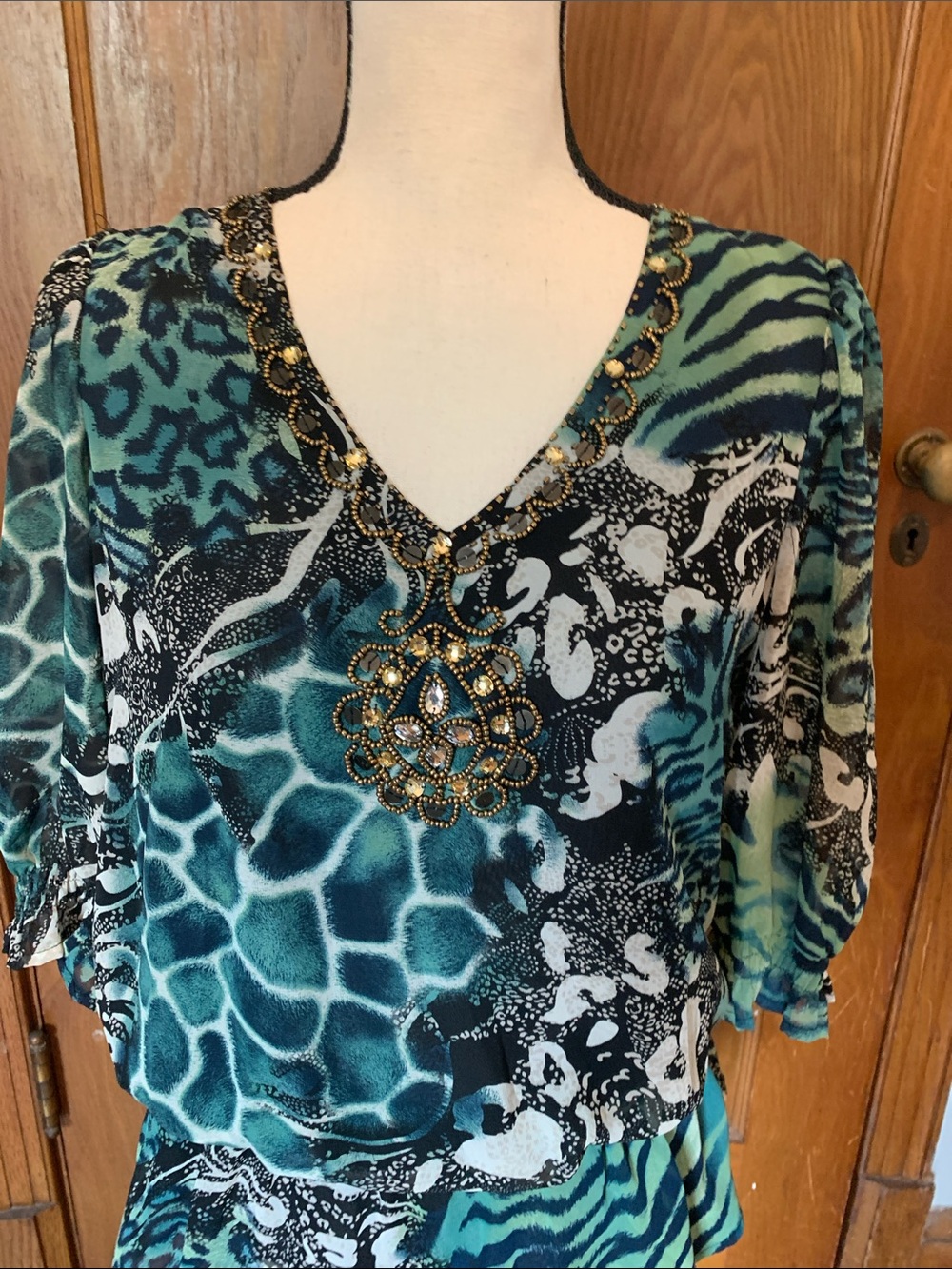 Jennie & Marlis Embellished Teal Animal-Print V-Neck Blouse - Picture 3 of 8